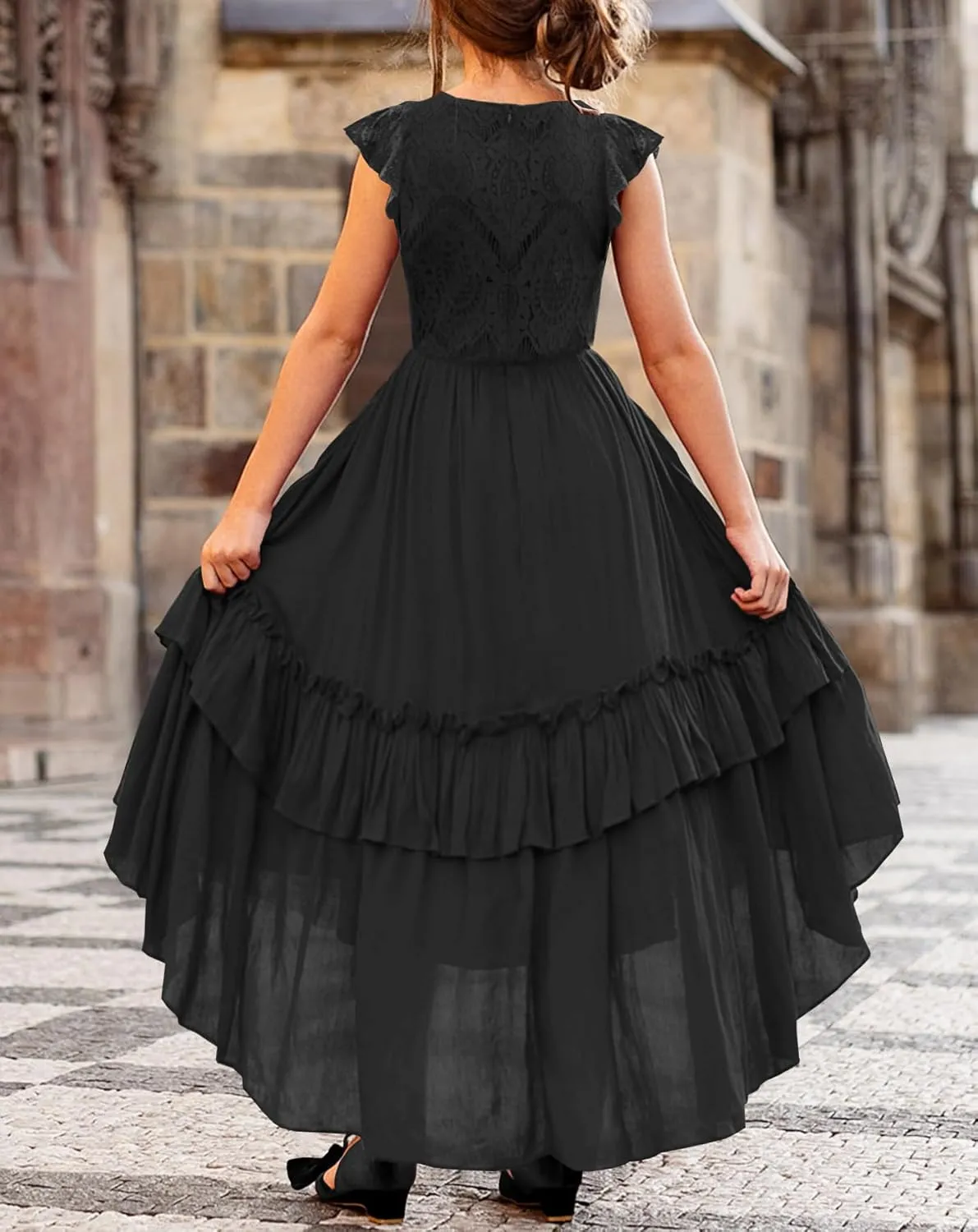 HOSIKA Girls Lace Boho Flower Girl Dress Ruffle Sleeve A-Line Formal Dresses for Wedding Party 6-12 Years