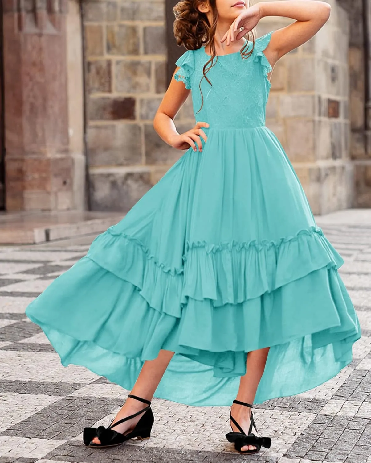HOSIKA Girls Lace Boho Flower Girl Dress Ruffle Sleeve A-Line Formal Dresses for Wedding Party 6-12 Years