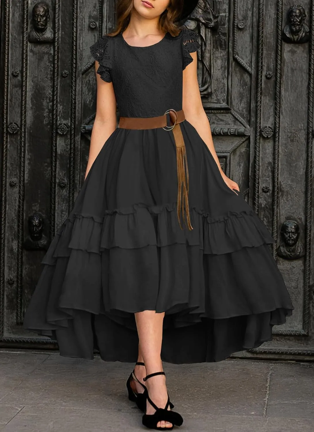 HOSIKA Girls Lace Boho Flower Girl Dress Ruffle Sleeve A-Line Formal Dresses for Wedding Party 6-12 Years