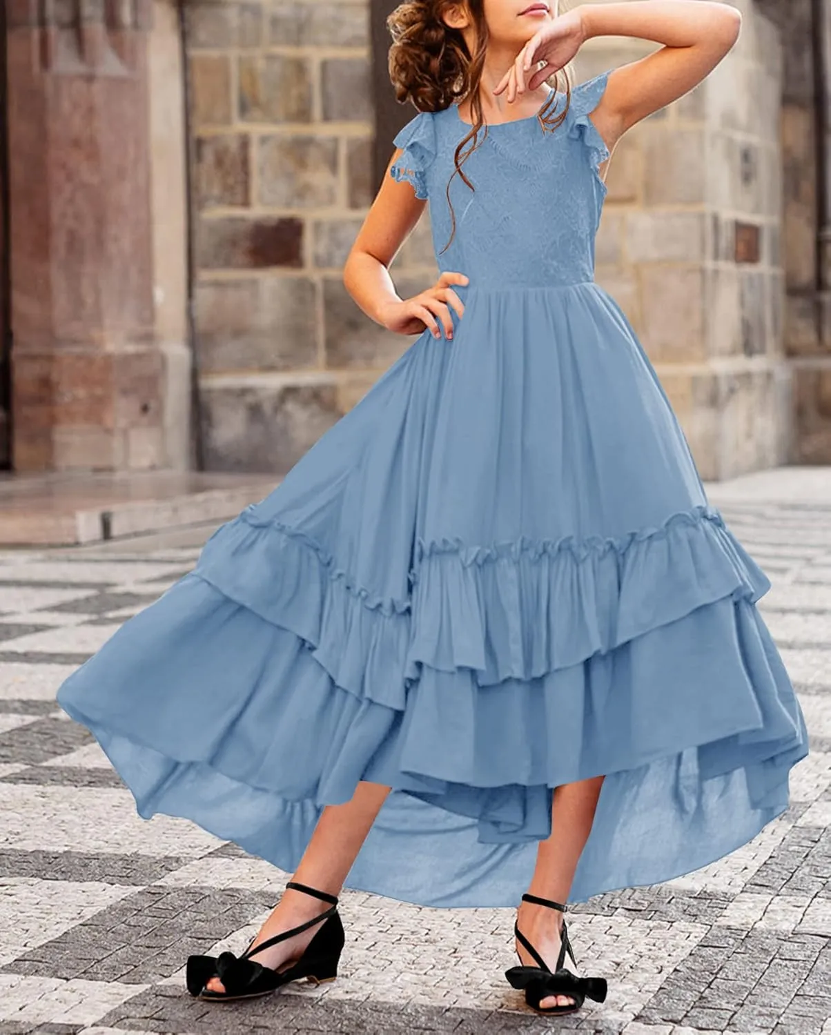 HOSIKA Girls Lace Boho Flower Girl Dress Ruffle Sleeve A-Line Formal Dresses for Wedding Party 6-12 Years