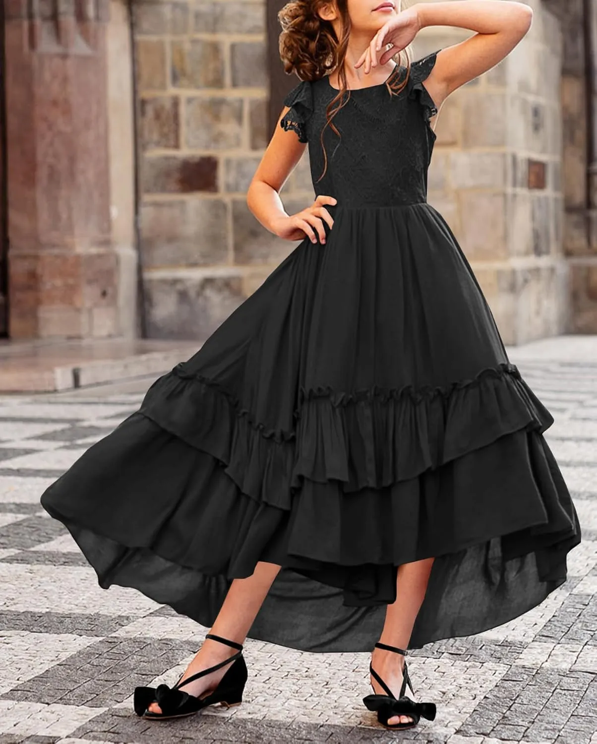 HOSIKA Girls Lace Boho Flower Girl Dress Ruffle Sleeve A-Line Formal Dresses for Wedding Party 6-12 Years