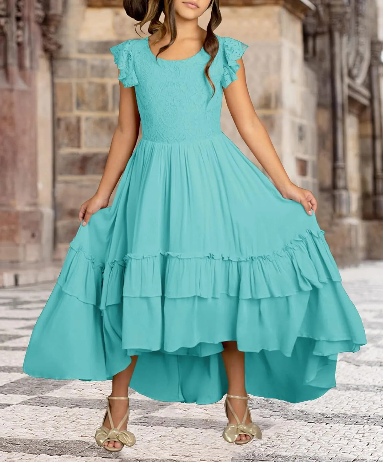 HOSIKA Girls Lace Boho Flower Girl Dress Ruffle Sleeve A-Line Formal Dresses for Wedding Party 6-12 Years