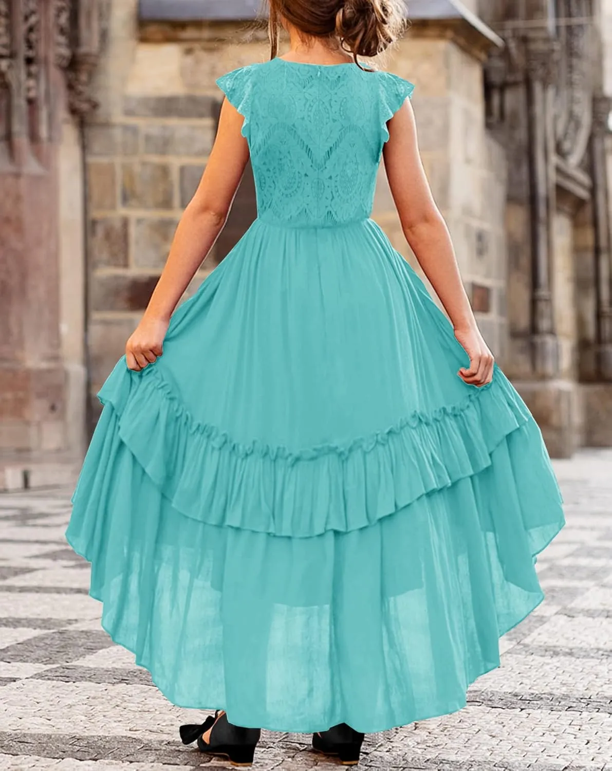 HOSIKA Girls Lace Boho Flower Girl Dress Ruffle Sleeve A-Line Formal Dresses for Wedding Party 6-12 Years