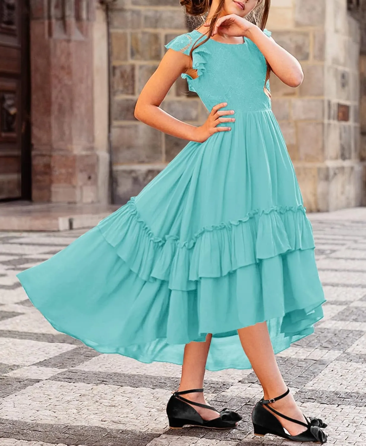 HOSIKA Girls Lace Boho Flower Girl Dress Ruffle Sleeve A-Line Formal Dresses for Wedding Party 6-12 Years