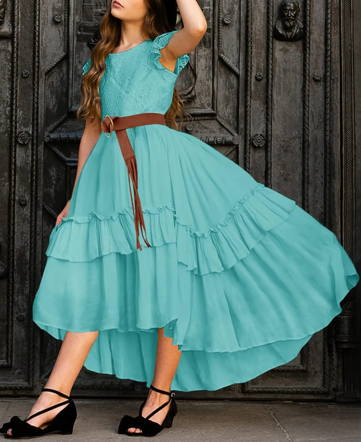 HOSIKA Girls Lace Boho Flower Girl Dress Ruffle Sleeve A-Line Formal Dresses for Wedding Party 6-12 Years