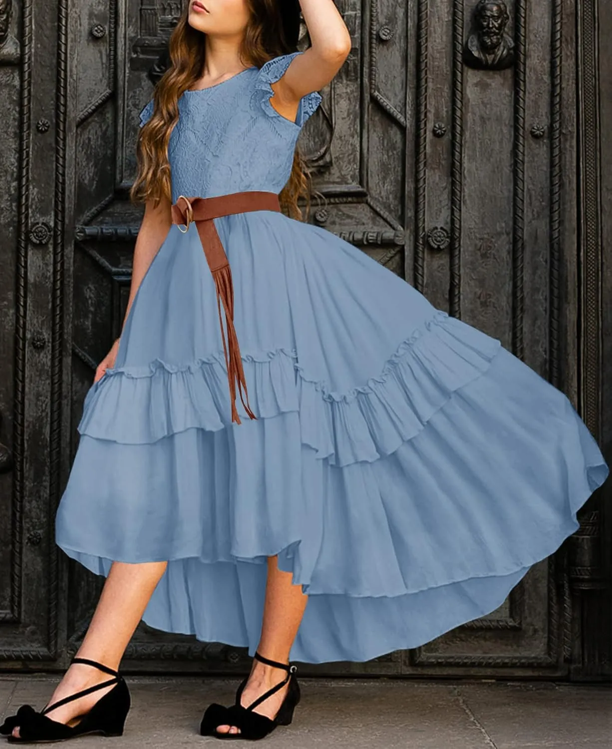 HOSIKA Girls Lace Boho Flower Girl Dress Ruffle Sleeve A-Line Formal Dresses for Wedding Party 6-12 Years