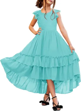 HOSIKA Girls Lace Boho Flower Girl Dress Ruffle Sleeve A-Line Formal Dresses for Wedding Party 6-12 Years
