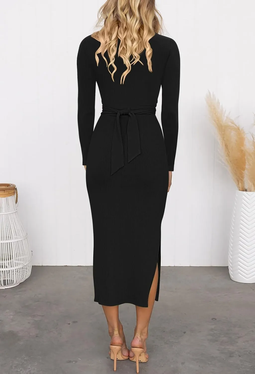 HUUSA Women's Long Sleeve Cutout Bodycon Dress Sexy Crewneck Twist Knot Ruched Slit Slim Fitted Ribbed Knit Midi Dresses