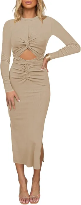 HUUSA Women's Long Sleeve Cutout Bodycon Dress Sexy Crewneck Twist Knot Ruched Slit Slim Fitted Ribbed Knit Midi Dresses