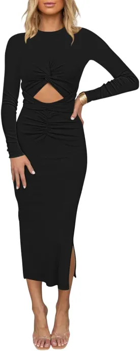 HUUSA Women's Long Sleeve Cutout Bodycon Dress Sexy Crewneck Twist Knot Ruched Slit Slim Fitted Ribbed Knit Midi Dresses