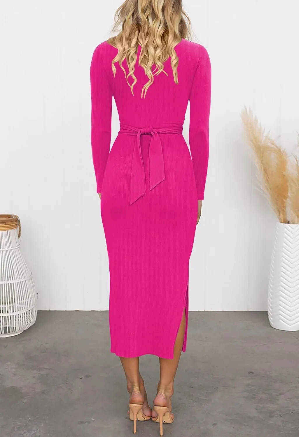 HUUSA Women's Long Sleeve Cutout Bodycon Dress Sexy Crewneck Twist Knot Ruched Slit Slim Fitted Ribbed Knit Midi Dresses