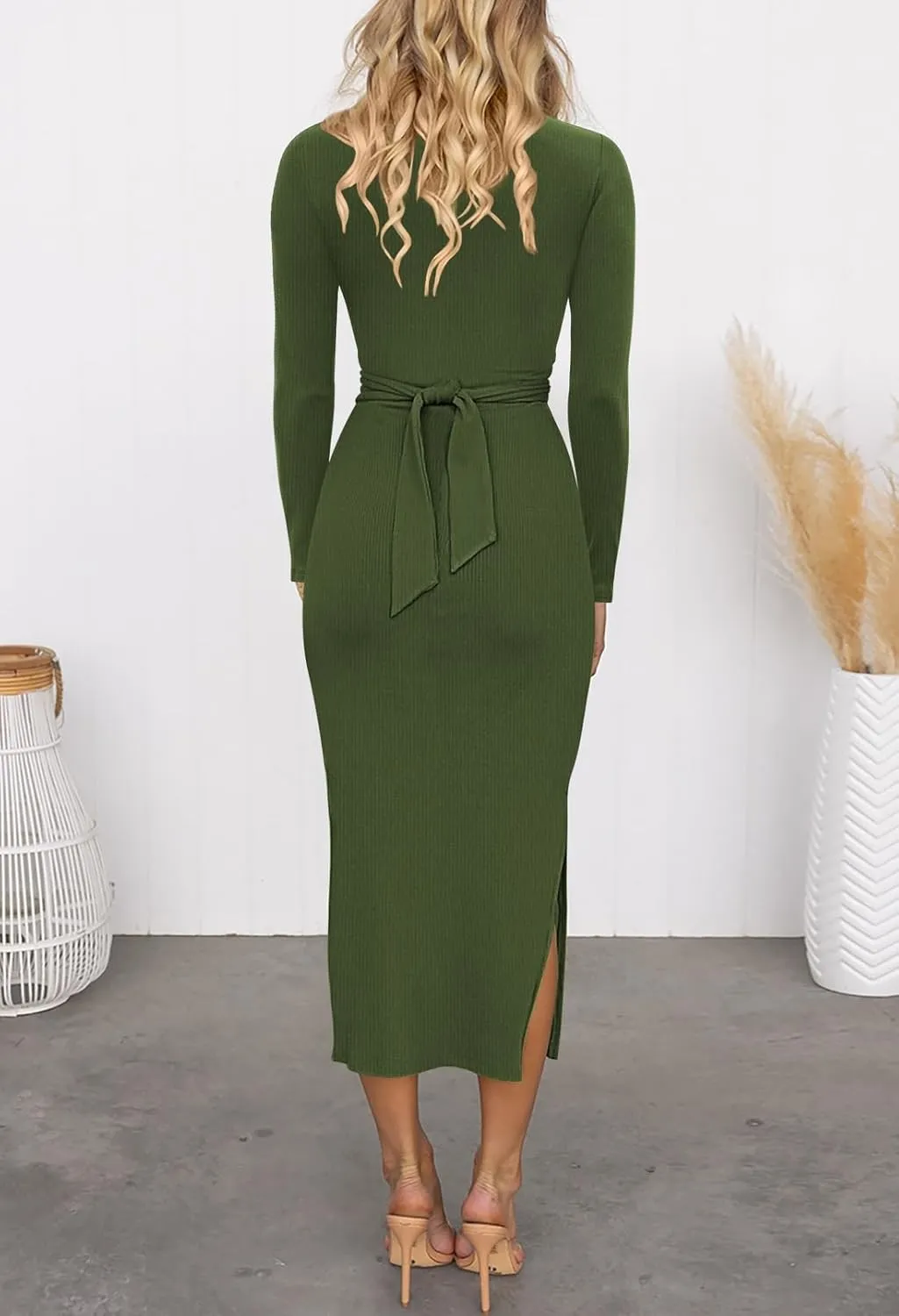 HUUSA Women's Long Sleeve Cutout Bodycon Dress Sexy Crewneck Twist Knot Ruched Slit Slim Fitted Ribbed Knit Midi Dresses