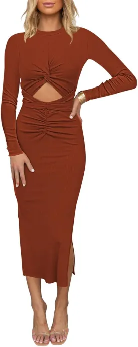 HUUSA Women's Long Sleeve Cutout Bodycon Dress Sexy Crewneck Twist Knot Ruched Slit Slim Fitted Ribbed Knit Midi Dresses