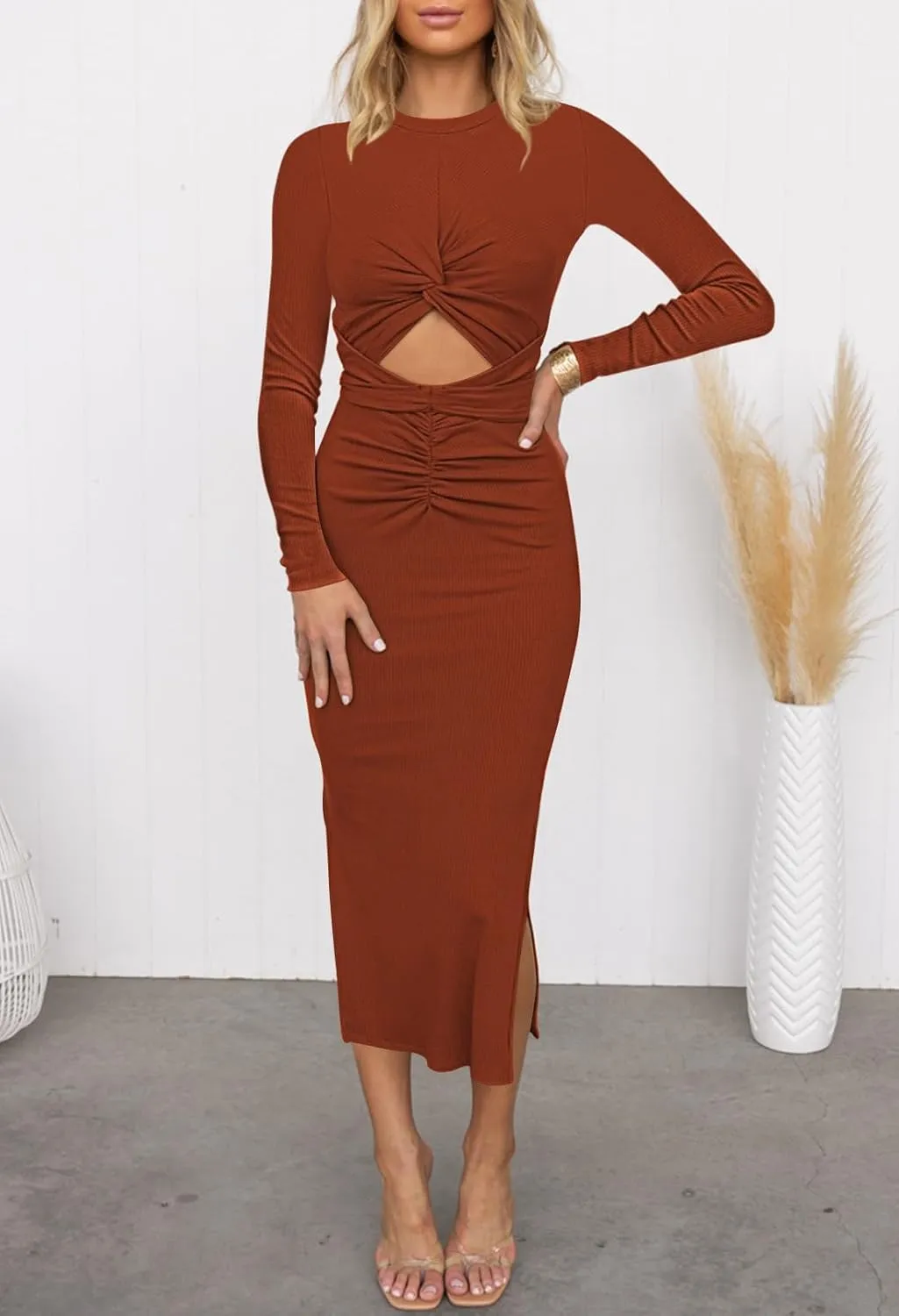 HUUSA Women's Long Sleeve Cutout Bodycon Dress Sexy Crewneck Twist Knot Ruched Slit Slim Fitted Ribbed Knit Midi Dresses