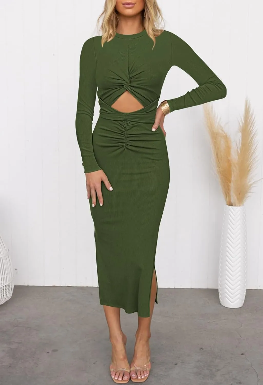 HUUSA Women's Long Sleeve Cutout Bodycon Dress Sexy Crewneck Twist Knot Ruched Slit Slim Fitted Ribbed Knit Midi Dresses