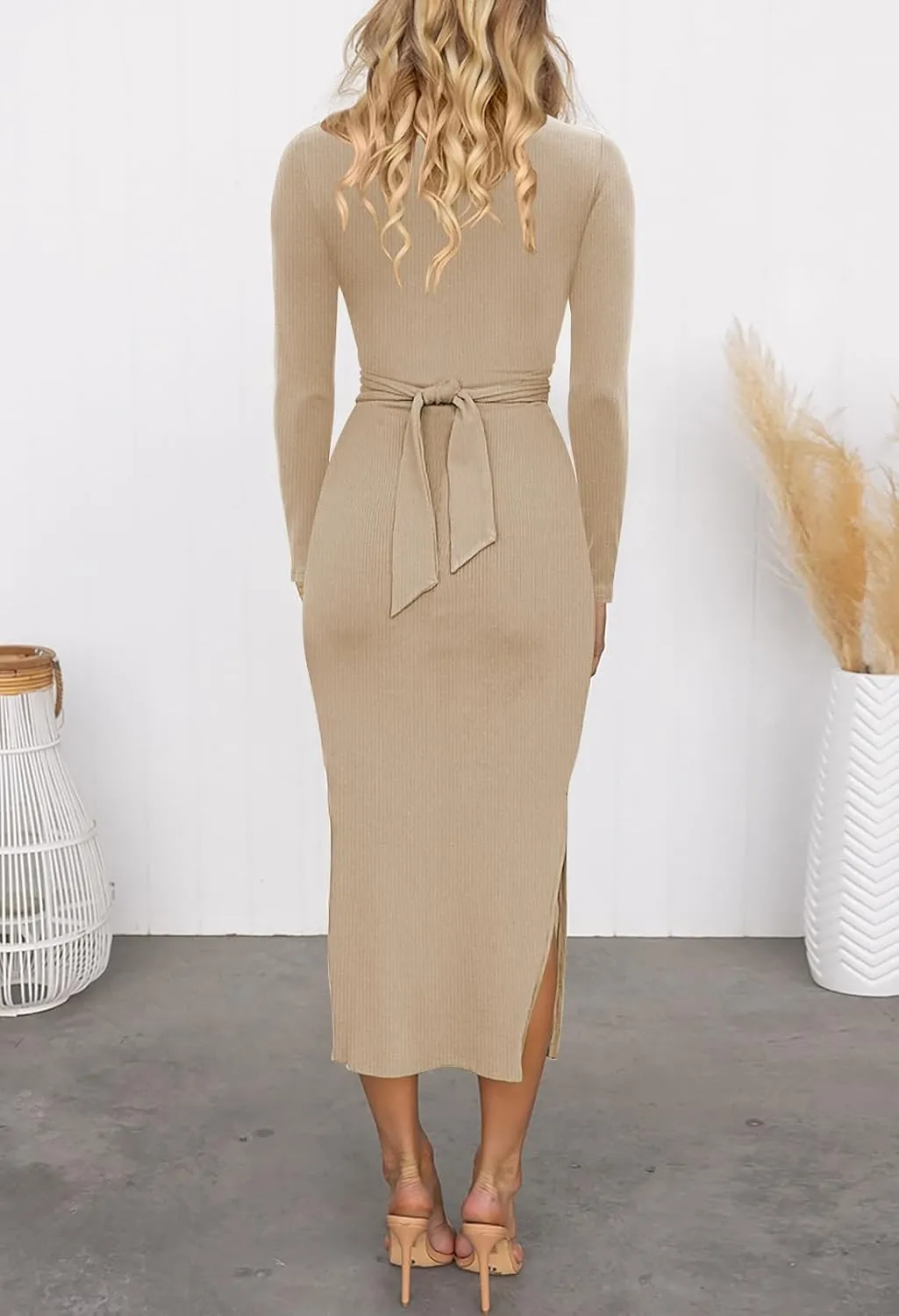 HUUSA Women's Long Sleeve Cutout Bodycon Dress Sexy Crewneck Twist Knot Ruched Slit Slim Fitted Ribbed Knit Midi Dresses
