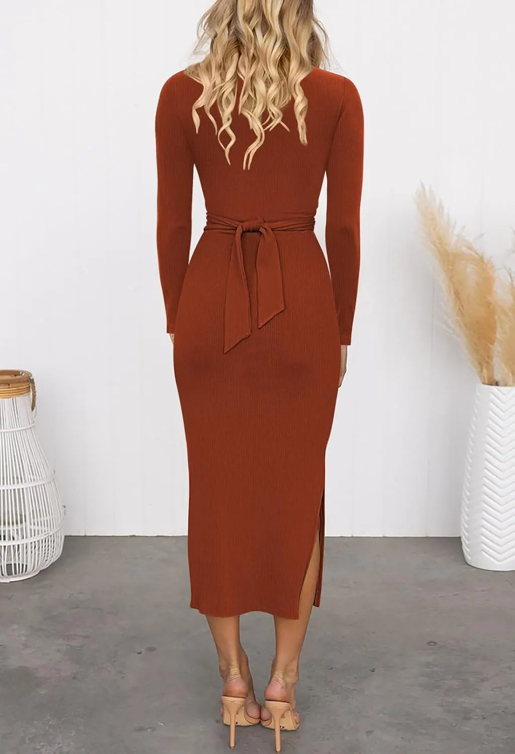 HUUSA Women's Long Sleeve Cutout Bodycon Dress Sexy Crewneck Twist Knot Ruched Slit Slim Fitted Ribbed Knit Midi Dresses