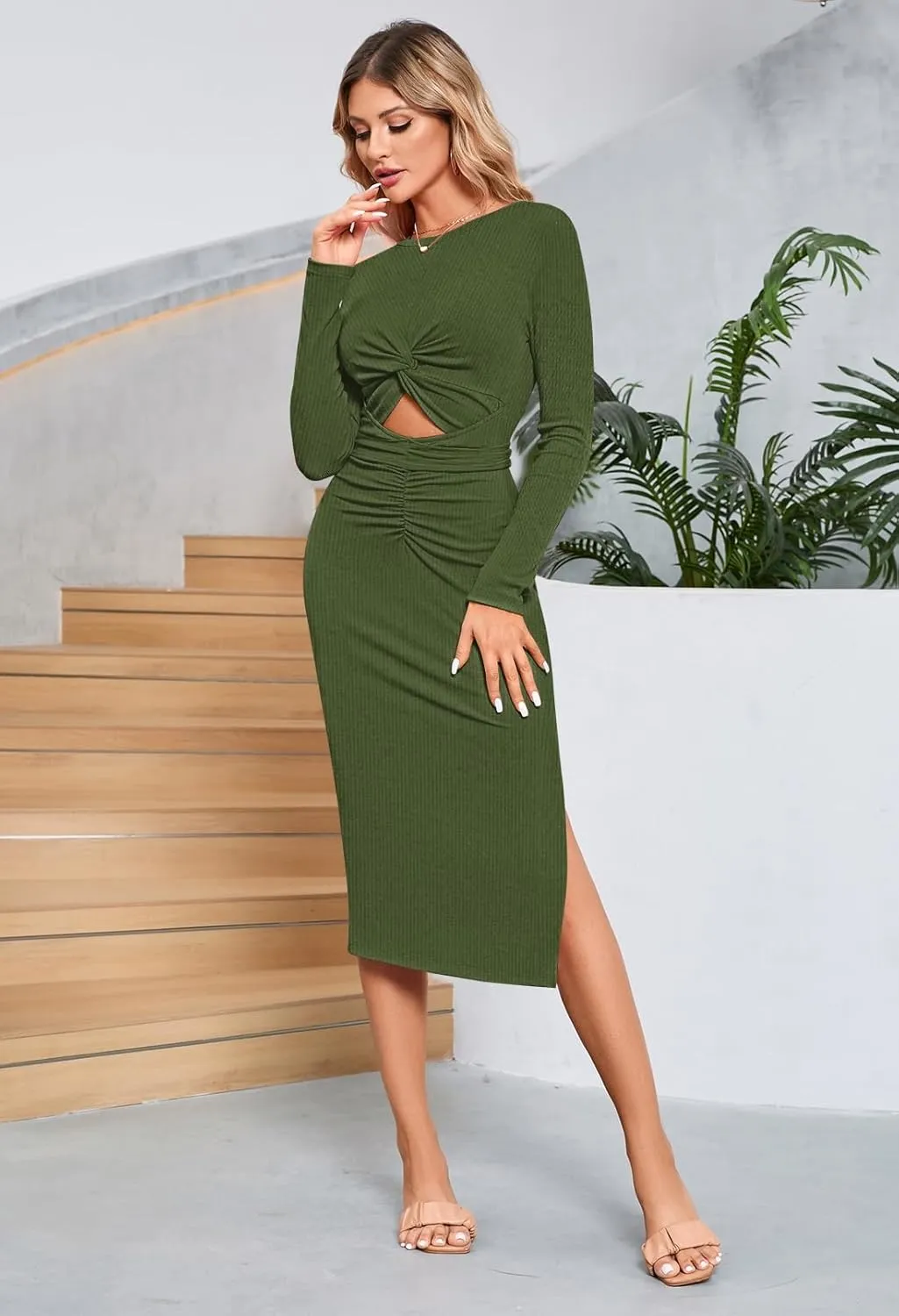 HUUSA Women's Long Sleeve Cutout Bodycon Dress Sexy Crewneck Twist Knot Ruched Slit Slim Fitted Ribbed Knit Midi Dresses