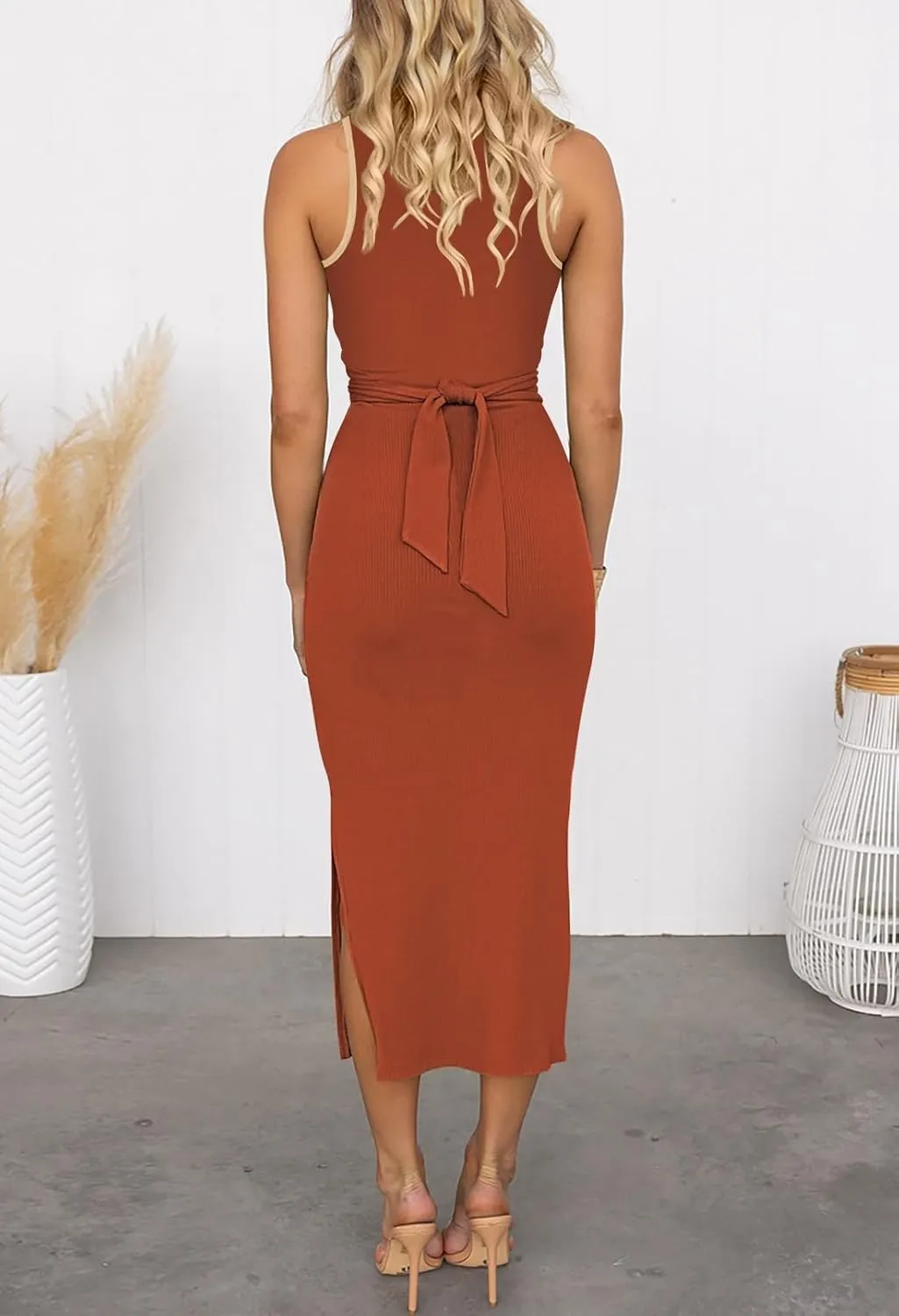 HUUSA Women's Sexy Sleeveless Cut Out Slim Bodycon Dress Crewneck Crisscross Twist Ruched Slit Ribbed Knit Tank Midi Dress