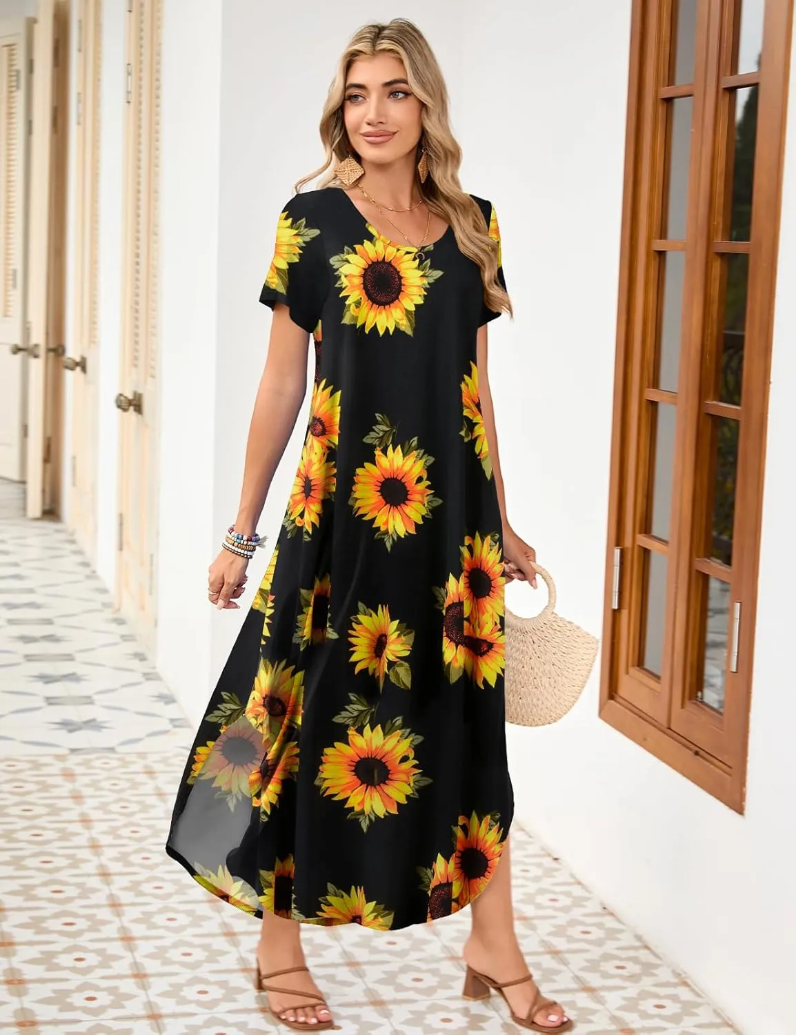 JollieLovin Womens Plus Size Casual Summer Maxi Dress Short Sleeve Crew Neck T-Shirt Loose Beach Sundress