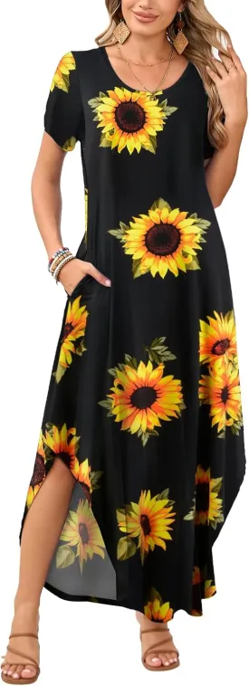 JollieLovin Womens Plus Size Casual Summer Maxi Dress Short Sleeve Crew Neck T-Shirt Loose Beach Sundress