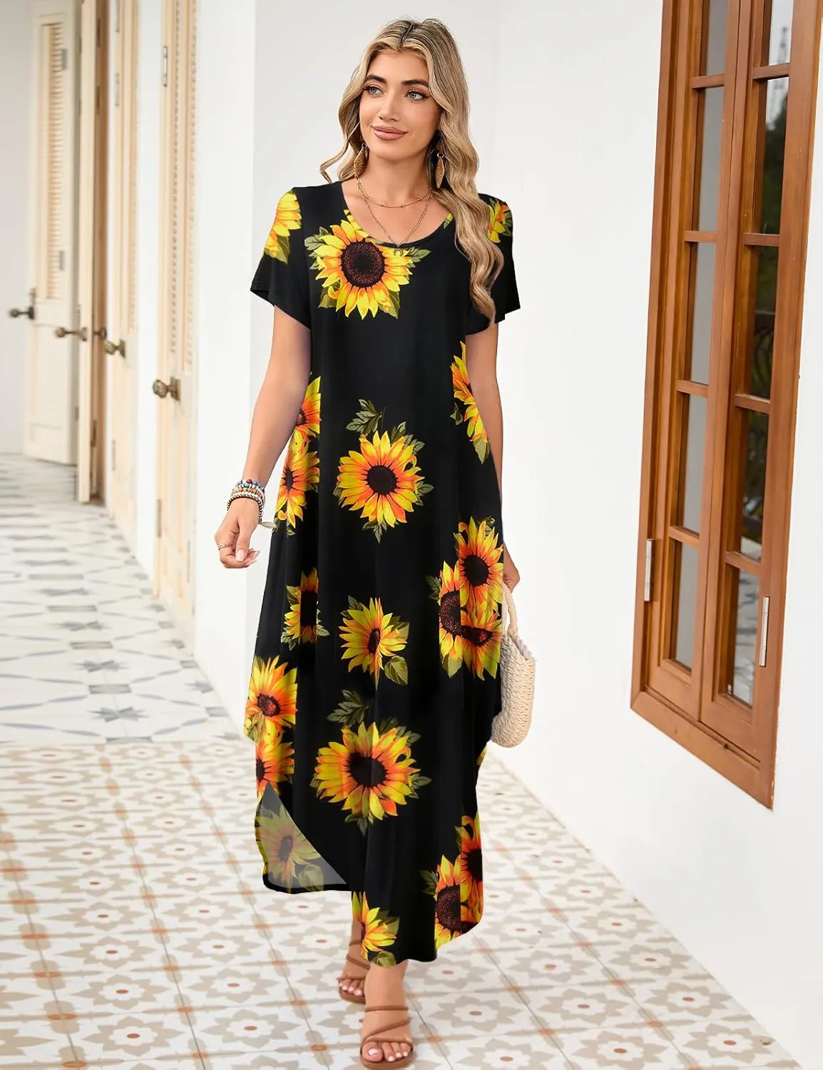 JollieLovin Womens Plus Size Casual Summer Maxi Dress Short Sleeve Crew Neck T-Shirt Loose Beach Sundress