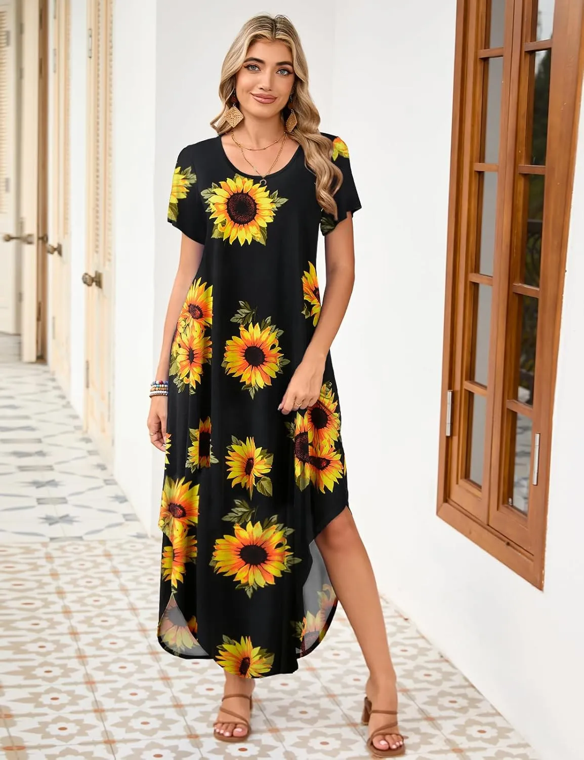 JollieLovin Womens Plus Size Casual Summer Maxi Dress Short Sleeve Crew Neck T-Shirt Loose Beach Sundress