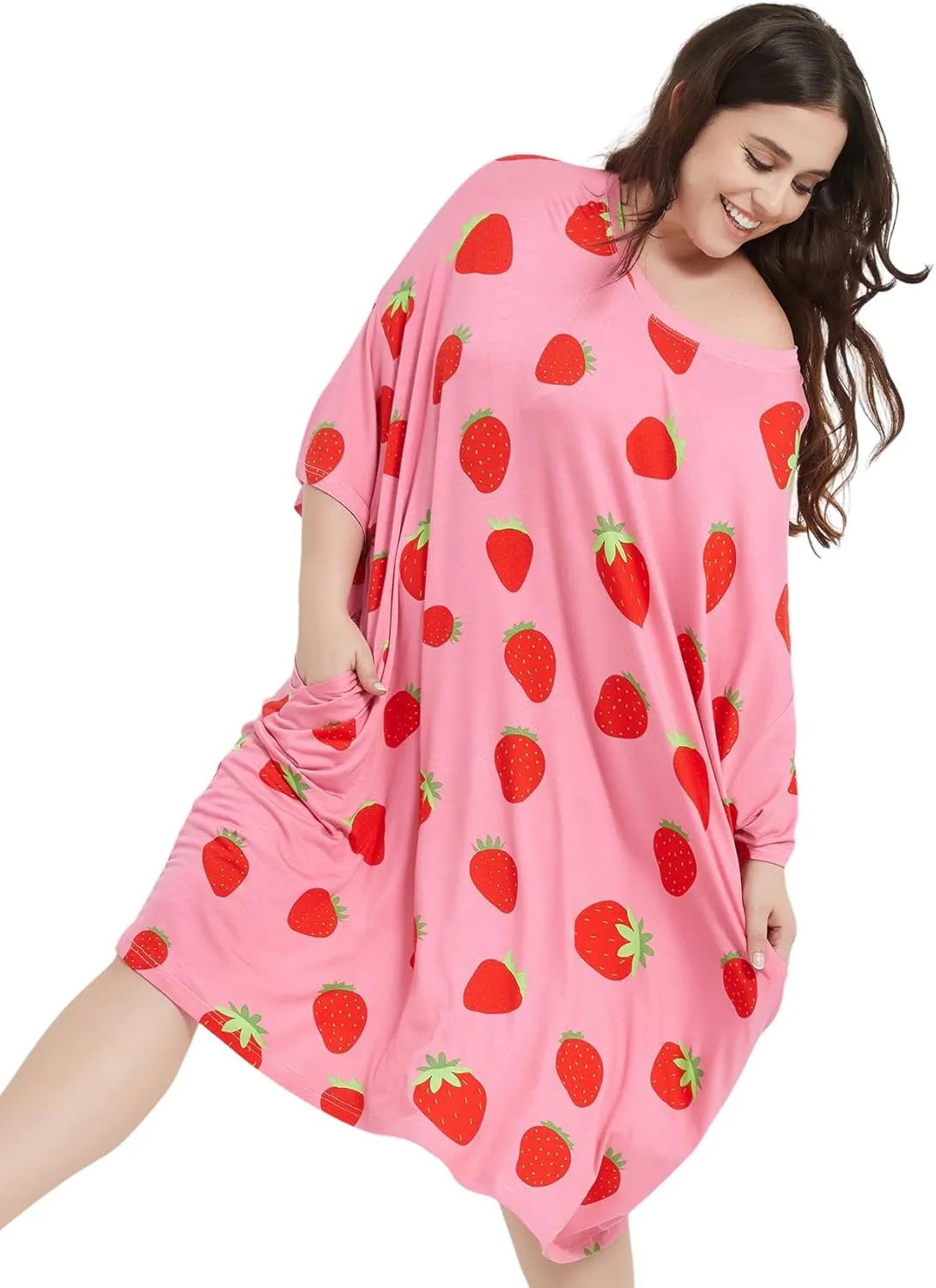 KFUBUO Plus Size Nightgowns for Women Oversized Sleep Tshirts Dress Short Sleeves Sleepwear With Pocket Fit S-5XL