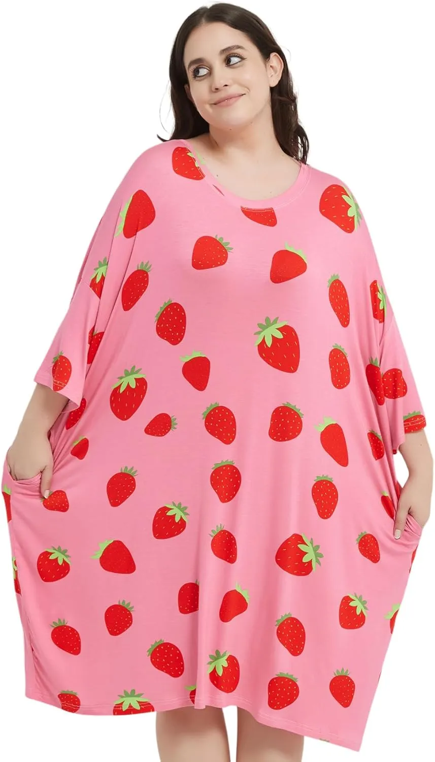 KFUBUO Plus Size Nightgowns for Women Oversized Sleep Tshirts Dress Short Sleeves Sleepwear With Pocket Fit S-5XL