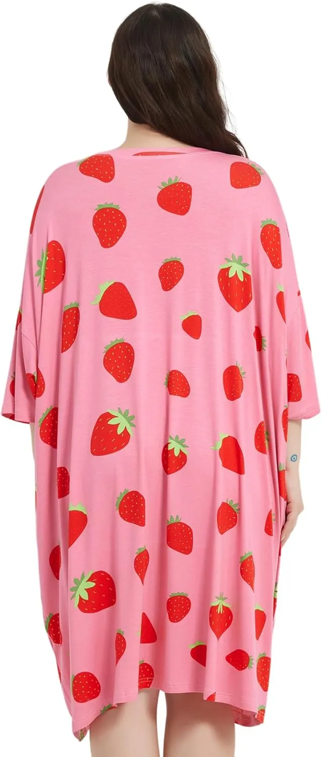 KFUBUO Plus Size Nightgowns for Women Oversized Sleep Tshirts Dress Short Sleeves Sleepwear With Pocket Fit S-5XL
