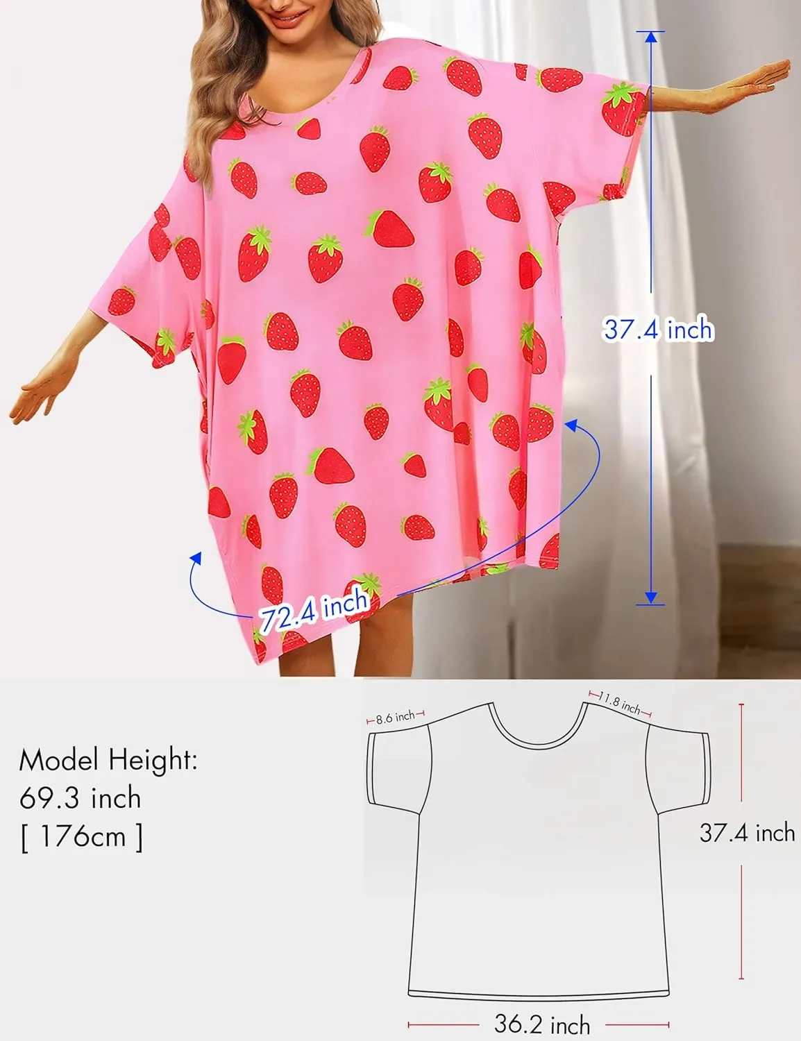 KFUBUO Plus Size Nightgowns for Women Oversized Sleep Tshirts Dress Short Sleeves Sleepwear With Pocket Fit S-5XL