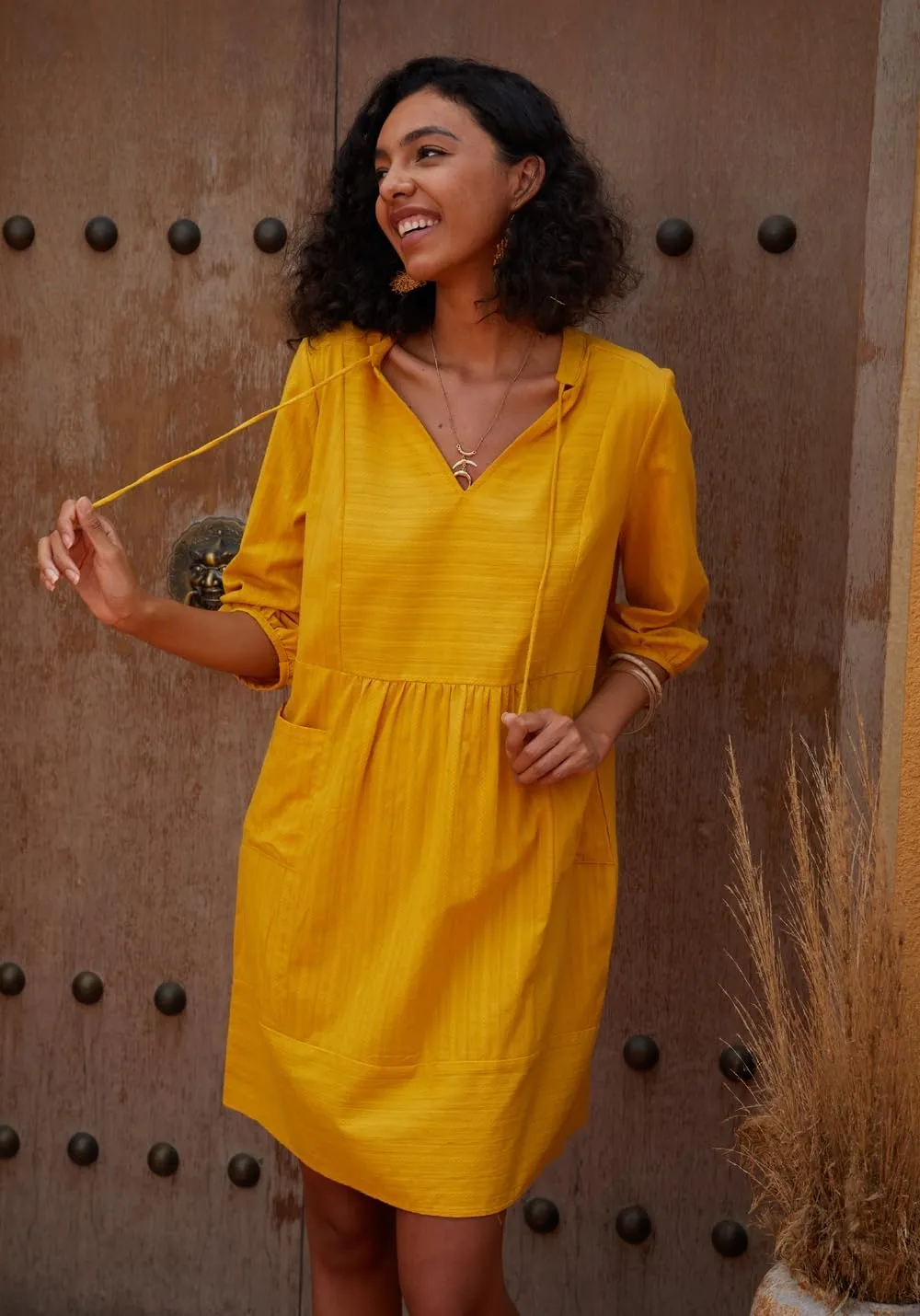 Lafural Womens V Neck Cotton Casual Loose Shift Tunic Smock Summer Dresses Vacation Dress 3/4 Sleeve Pocket