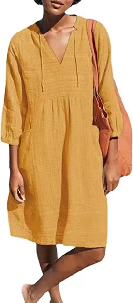 Lafural Womens V Neck Cotton Casual Loose Shift Tunic Smock Summer Dresses Vacation Dress 3/4 Sleeve Pocket