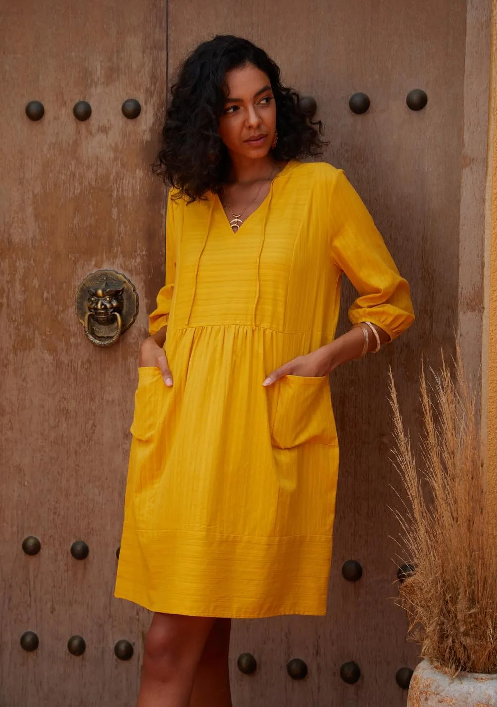 Lafural Womens V Neck Cotton Casual Loose Shift Tunic Smock Summer Dresses Vacation Dress 3/4 Sleeve Pocket