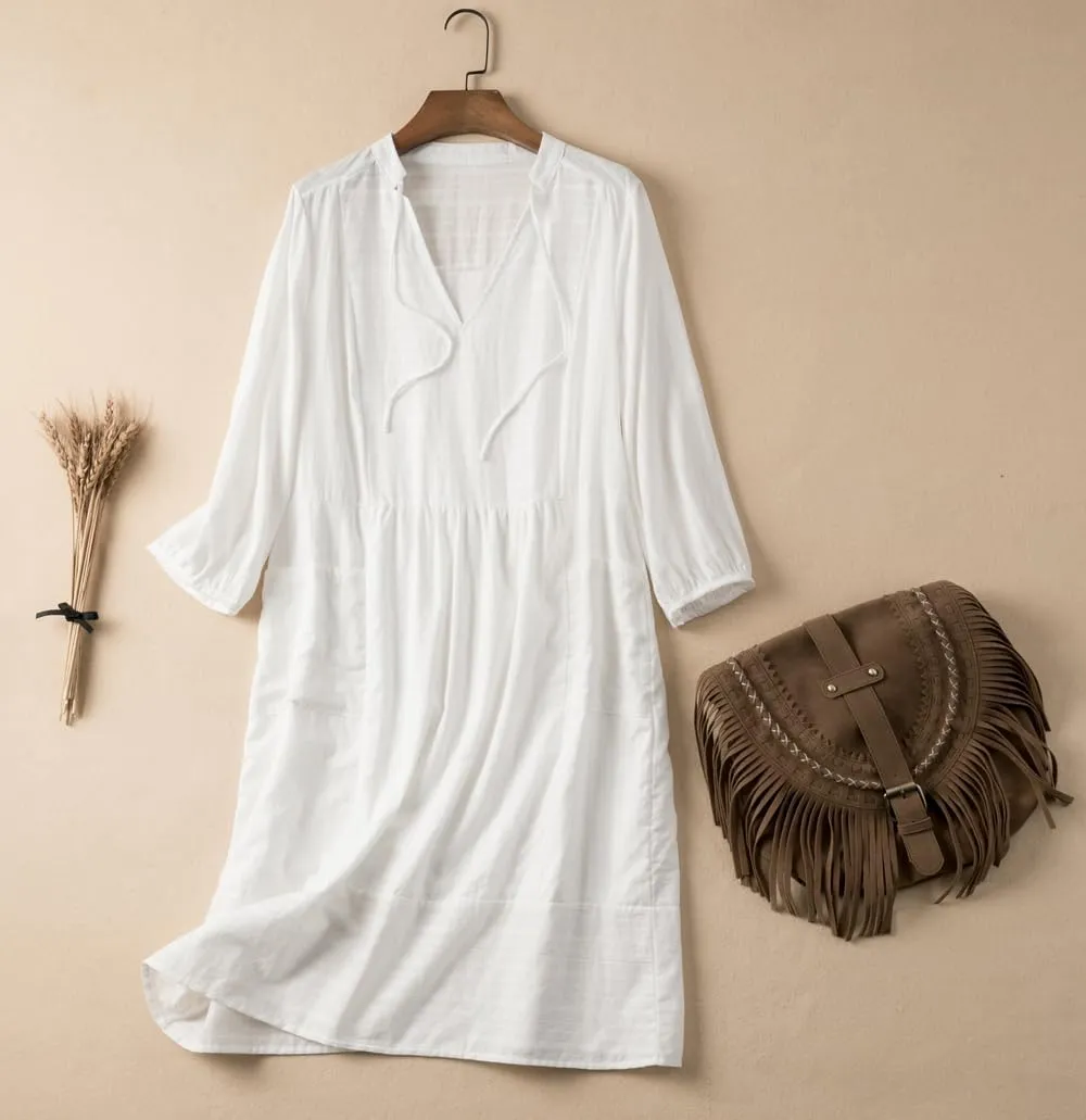 Lafural Womens V Neck Cotton Casual Loose Shift Tunic Smock Summer Dresses Vacation Dress 3/4 Sleeve Pocket