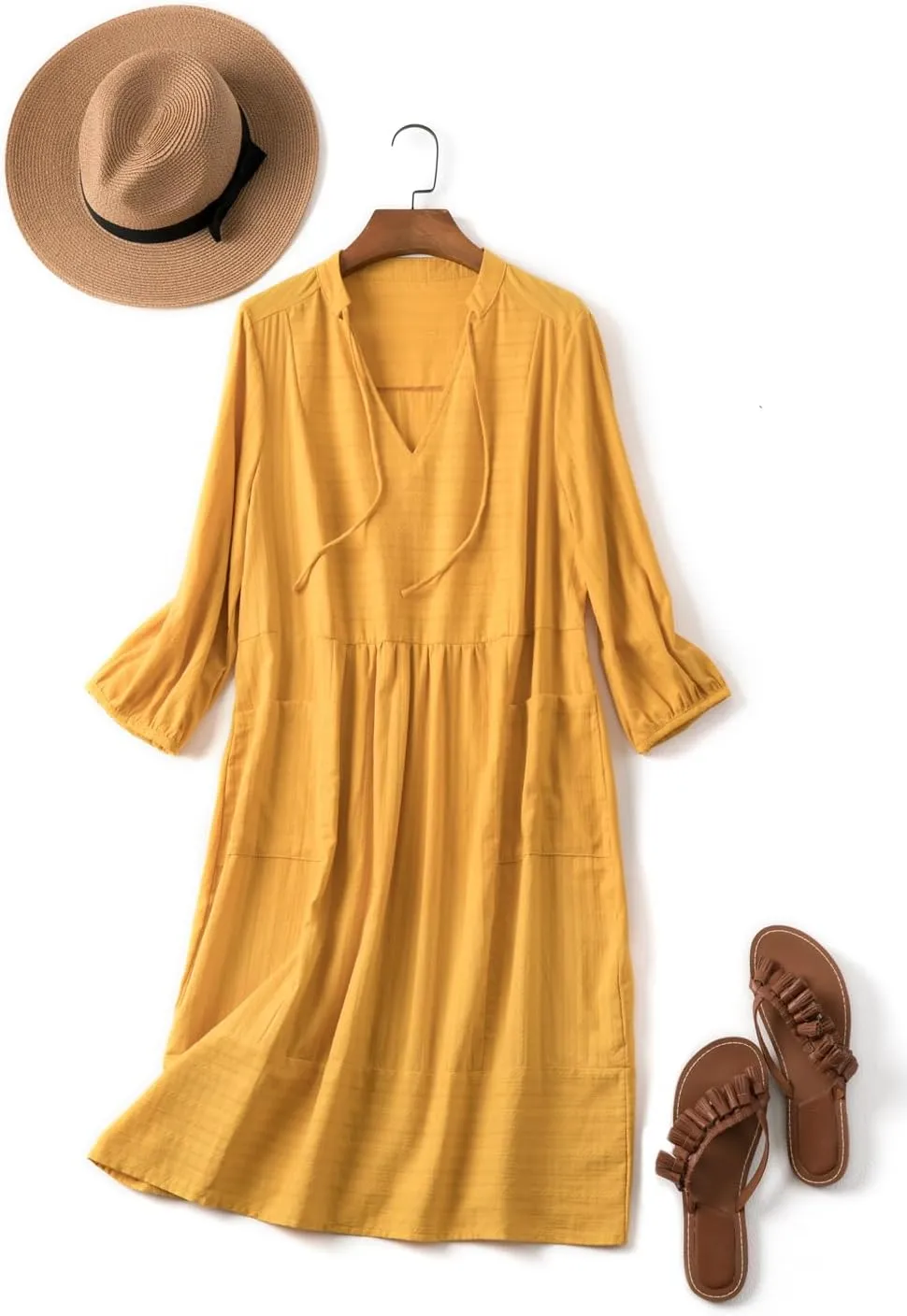 Lafural Womens V Neck Cotton Casual Loose Shift Tunic Smock Summer Dresses Vacation Dress 3/4 Sleeve Pocket