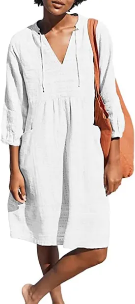 Lafural Womens V Neck Cotton Casual Loose Shift Tunic Smock Summer Dresses Vacation Dress 3/4 Sleeve Pocket