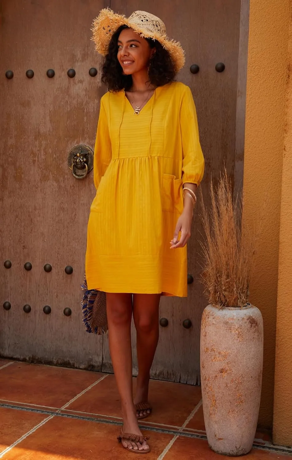 Lafural Womens V Neck Cotton Casual Loose Shift Tunic Smock Summer Dresses Vacation Dress 3/4 Sleeve Pocket
