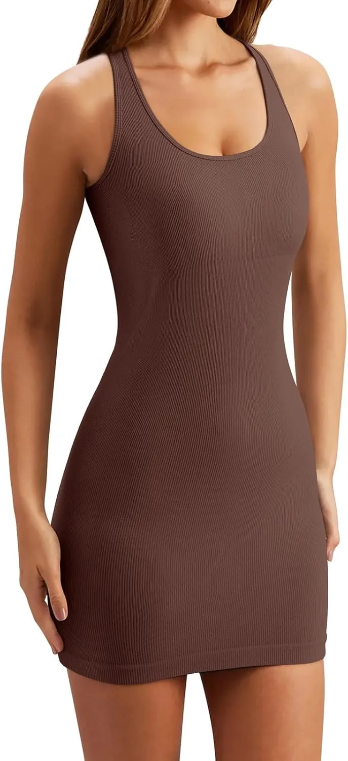LASLULU Womens Bodycon Mini Dress Backless Built in Bra Casual Cute Sundresses Ribbed Summer Tank Dress