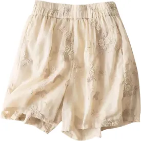 Linen Shorts for Women 2025 Summer Casual Lace Embroidery Shorts Comfy Elastic Waist Gauze Lounge Short with Pockets