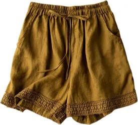 Linen Shorts for Women 2025 Summer Casual Lace Embroidery Shorts Comfy Elastic Waist Gauze Lounge Short with Pockets