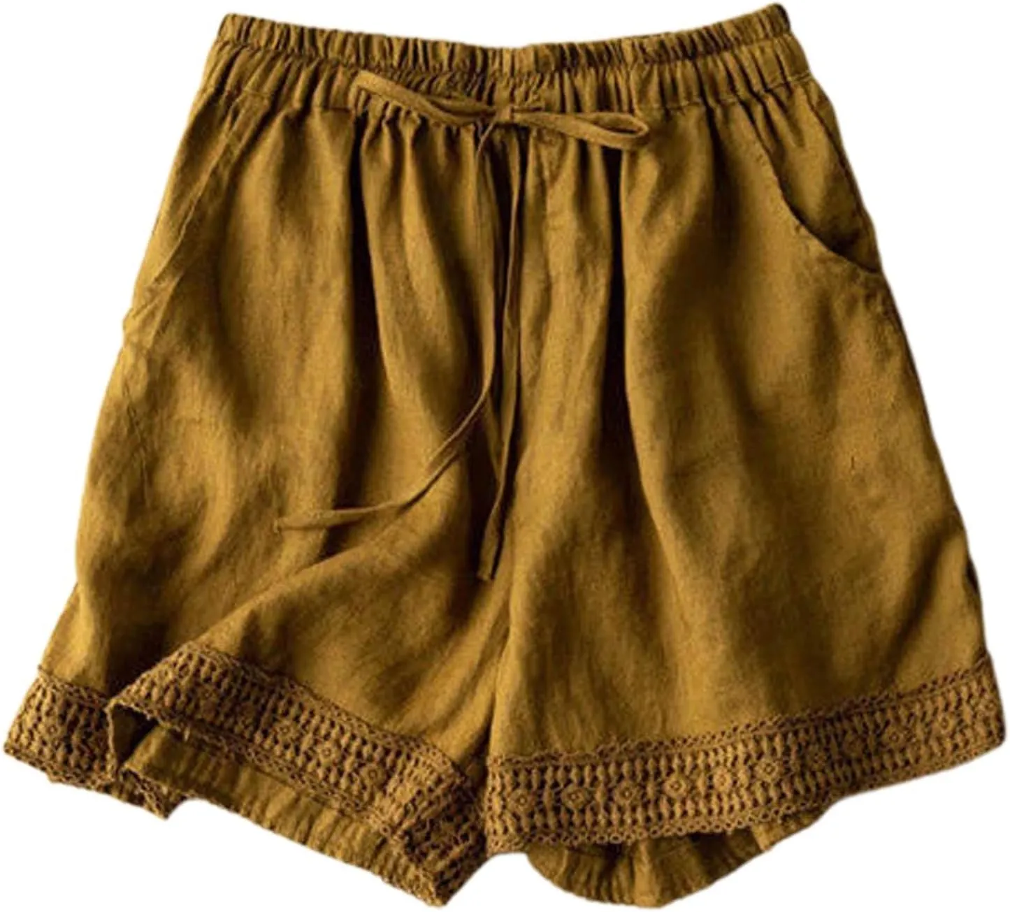 Linen Shorts for Women 2025 Summer Casual Lace Embroidery Shorts Comfy Elastic Waist Gauze Lounge Short with Pockets