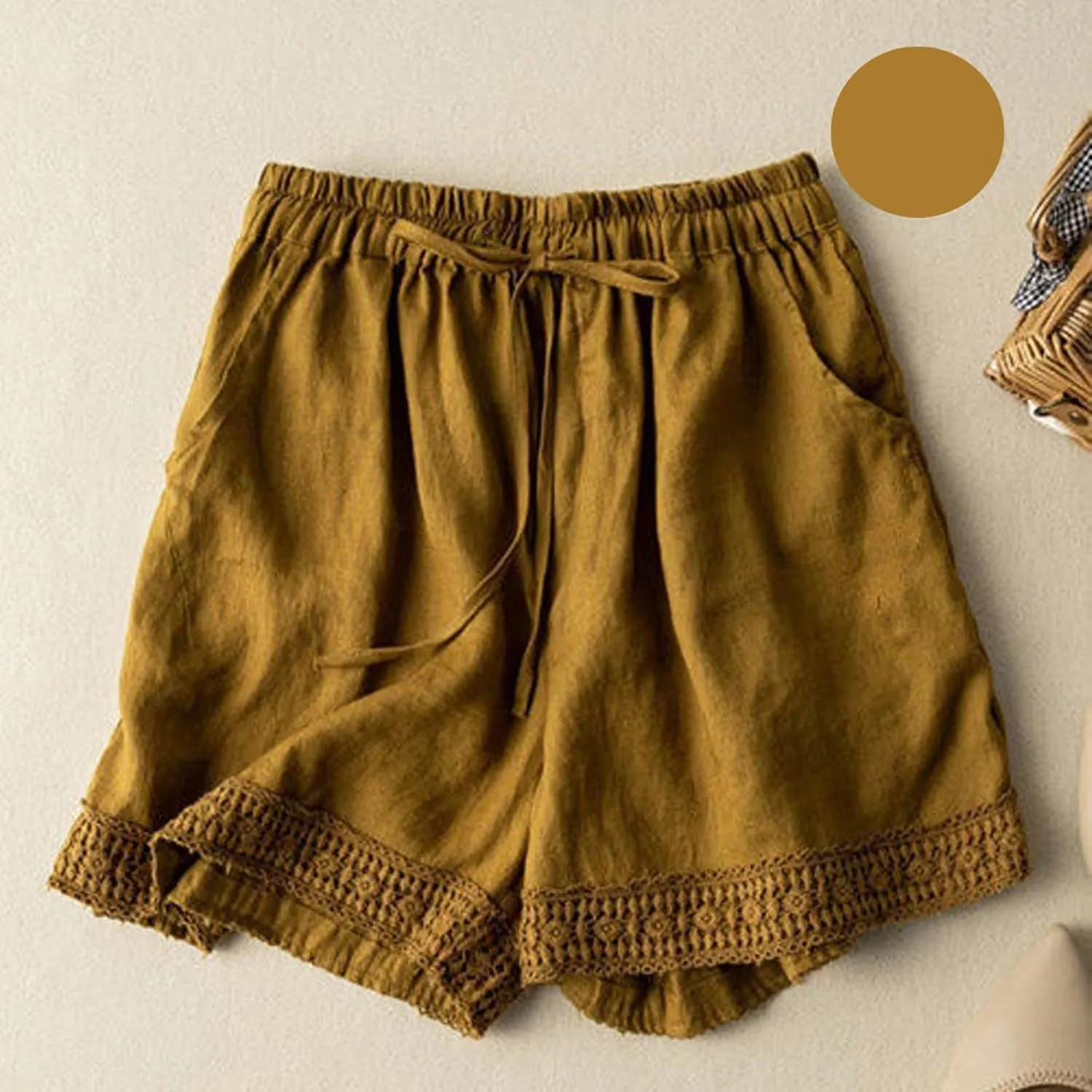 Linen Shorts for Women 2025 Summer Casual Lace Embroidery Shorts Comfy Elastic Waist Gauze Lounge Short with Pockets