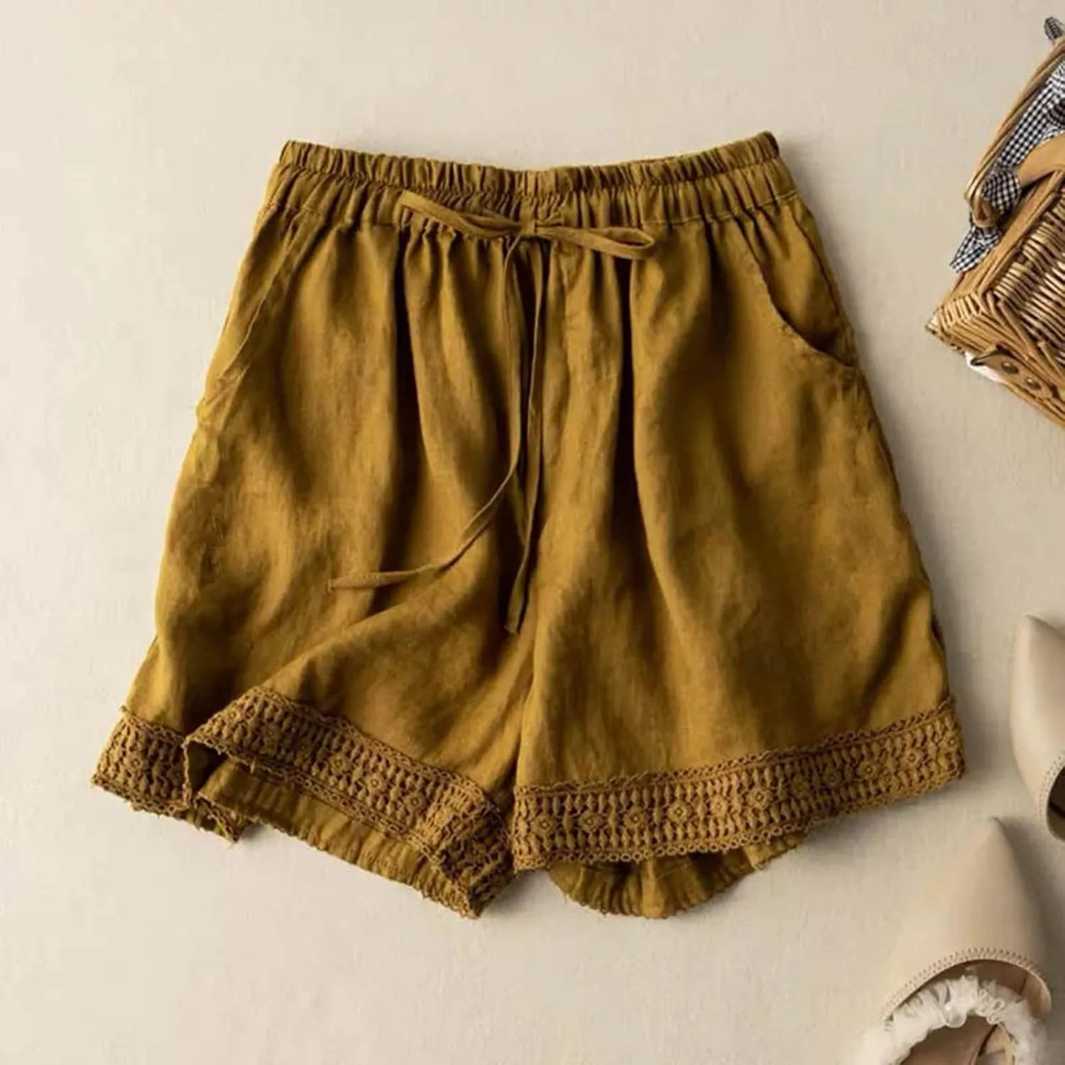 Linen Shorts for Women 2025 Summer Casual Lace Embroidery Shorts Comfy Elastic Waist Gauze Lounge Short with Pockets