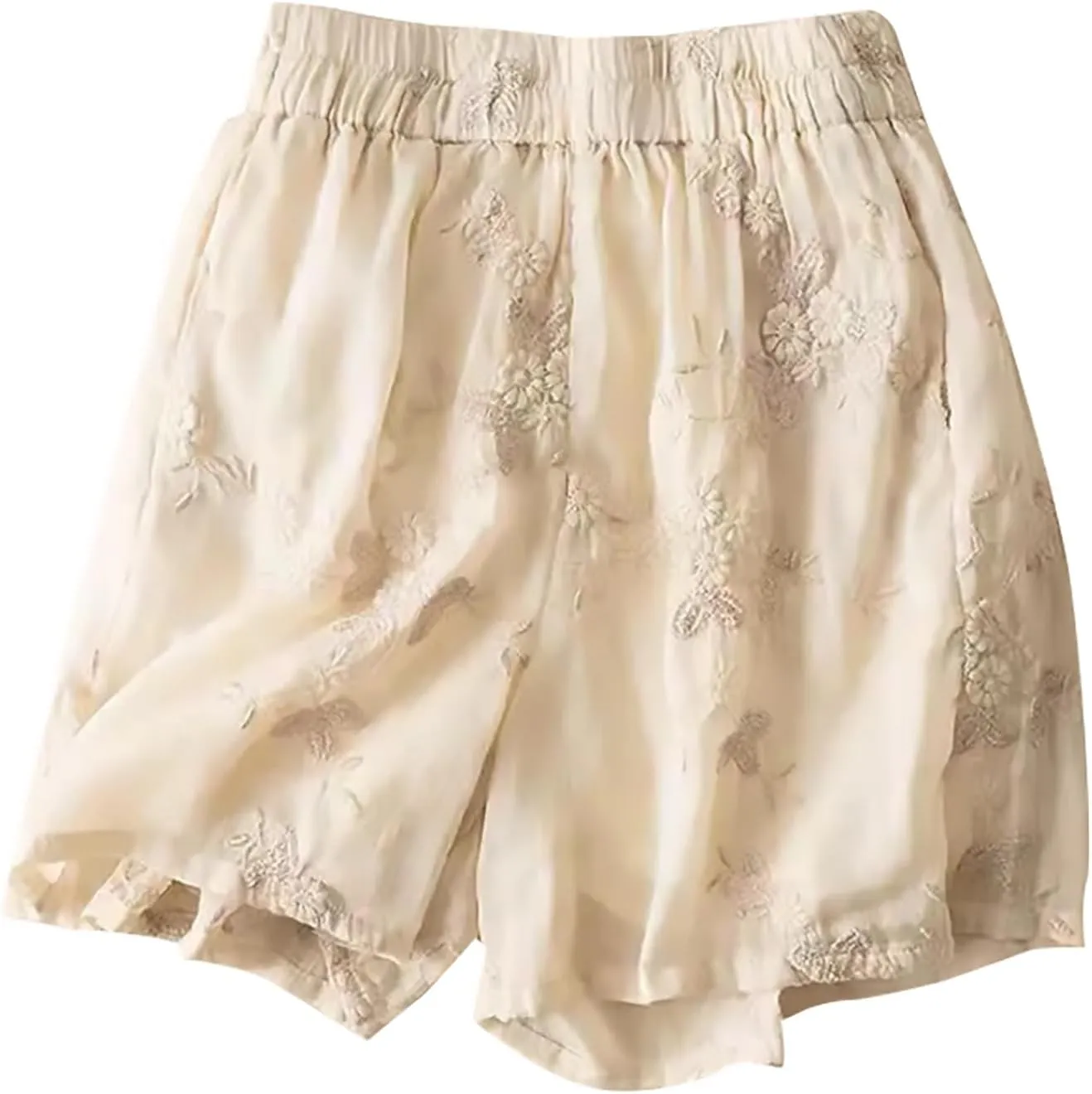 Linen Shorts for Women 2025 Summer Casual Lace Embroidery Shorts Comfy Elastic Waist Gauze Lounge Short with Pockets