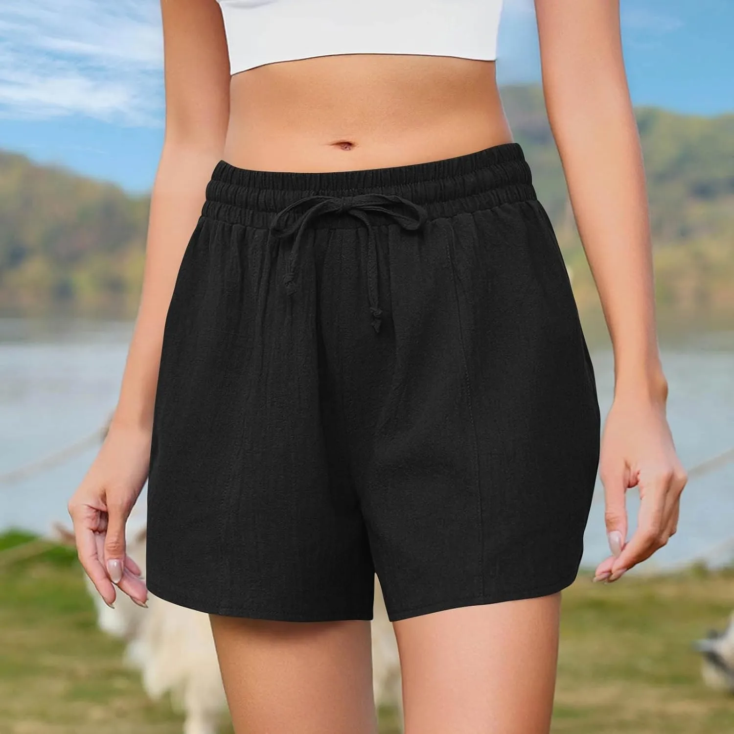 Lounge Shorts for Women Drawstring Summer Pull on Shorts Elastic High Waisted Wide Leg Short Beach Pants with Pockets