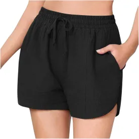 Lounge Shorts for Women Drawstring Summer Pull on Shorts Elastic High Waisted Wide Leg Short Beach Pants with Pockets