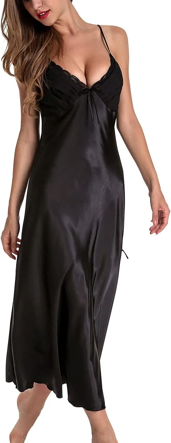 Lu's Chic Women's Satin Nightgown Dress Silk Lace Sleeveless Long Chemise Lingerie Sleepwear