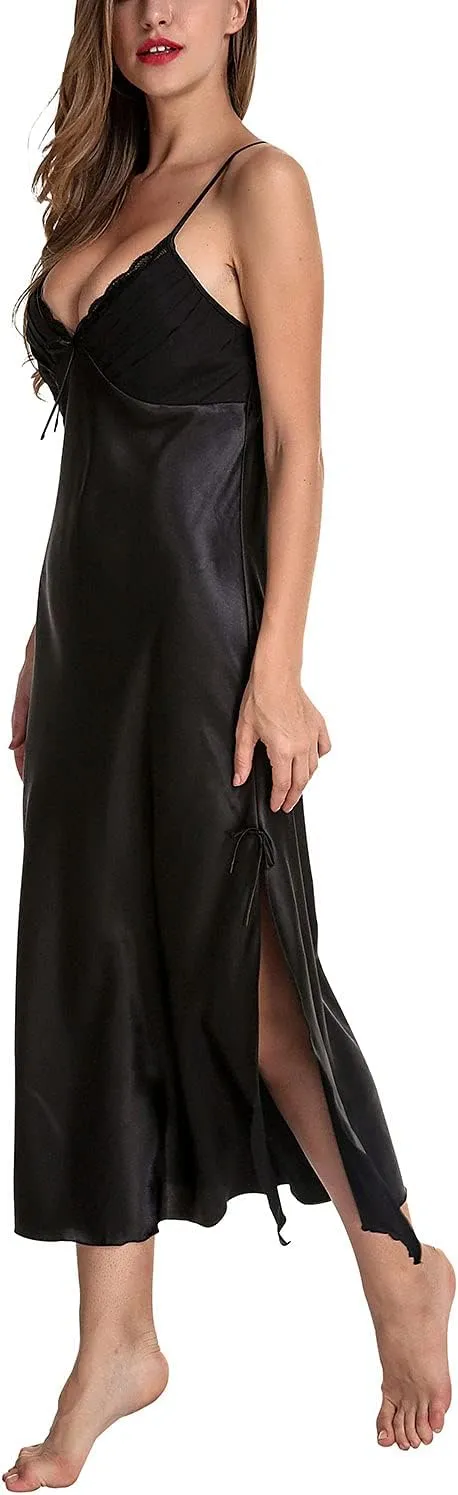Lu's Chic Women's Satin Nightgown Dress Silk Lace Sleeveless Long Chemise Lingerie Sleepwear