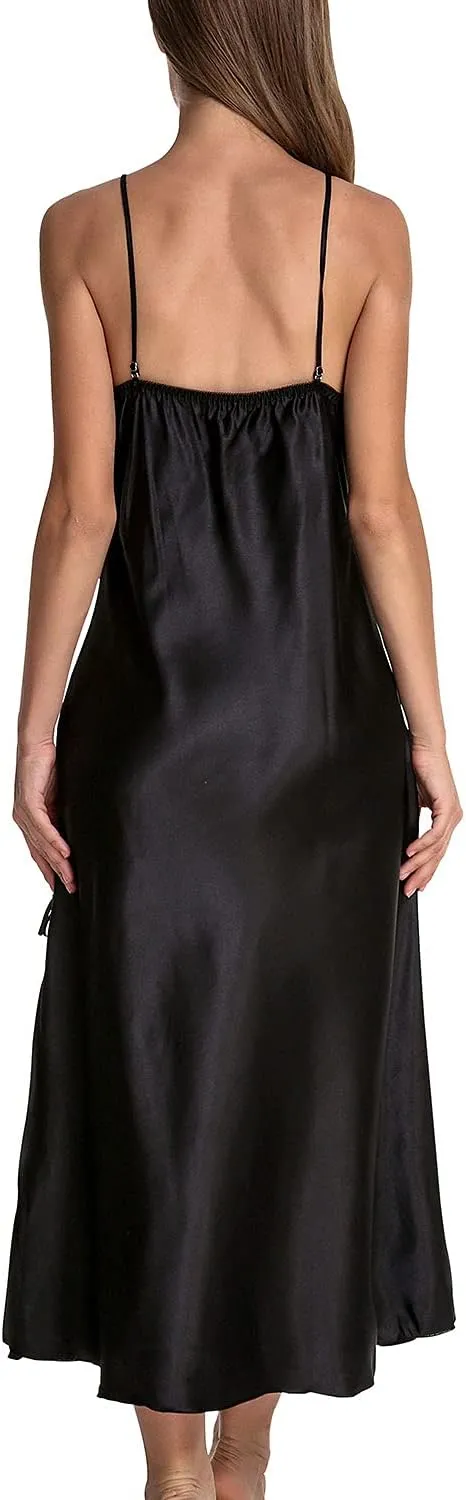 Lu's Chic Women's Satin Nightgown Dress Silk Lace Sleeveless Long Chemise Lingerie Sleepwear